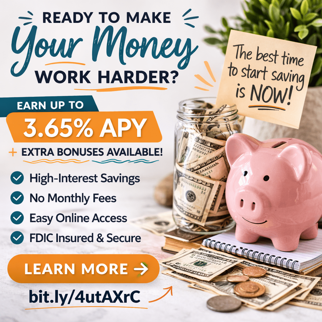 Piggy bank with coins and cash jar illustrating high-yield savings account earning up to 3.65% APY with extra bonuses.